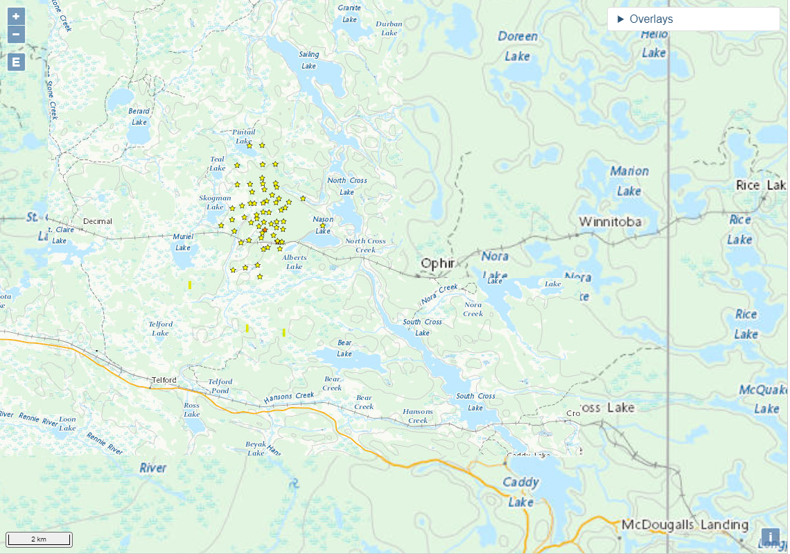 Natural Resources Canada Firemap approx 8:30 PM May 18.  Yellow stars represent hot spots.